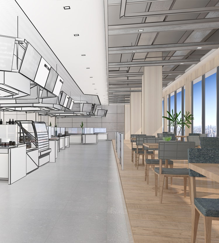3D rendered layout of a dining space