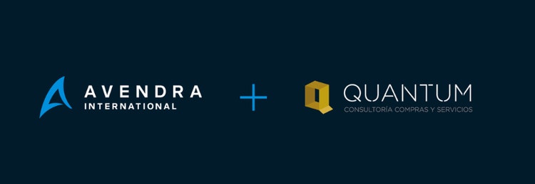 Avendra International and Quantum Consultoría Compras y Servicios logos side by side on a dark blue background.