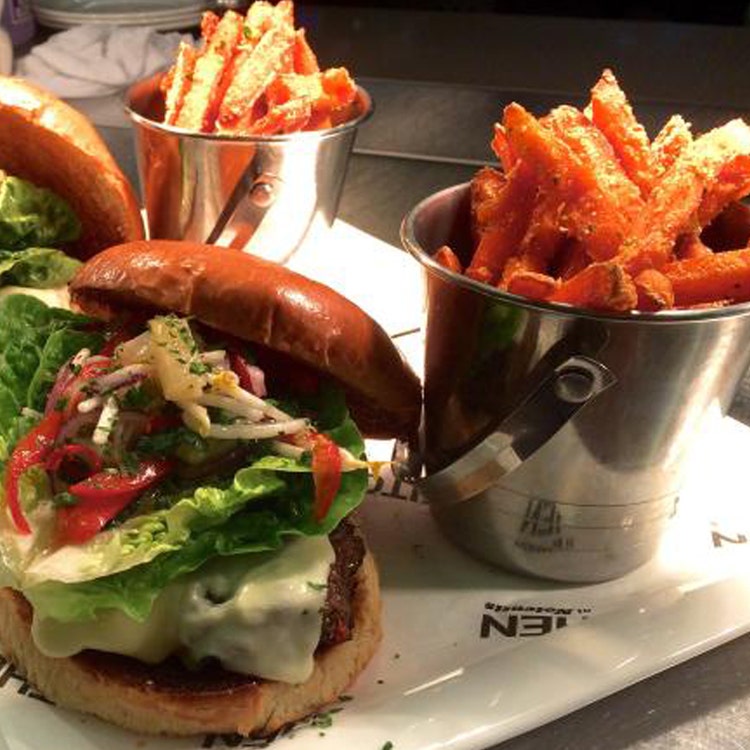 Burger and fries on a plate