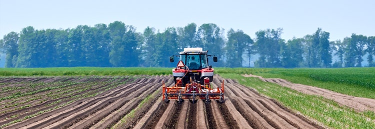 A tractor is actively plowing a field, preparing the soil for planting crops under a clear blue sky.