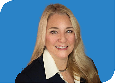 A professional headshot of Susan Weber with a blue background