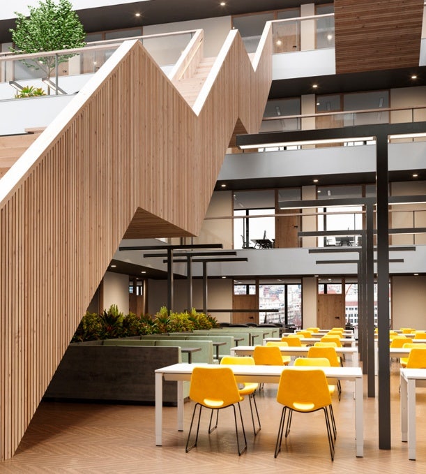 Contemporary office or library interior with wooden shelves and comfortable seating, highlighting Avendra International's strategic sourcing solutions for educational and corporate environments.