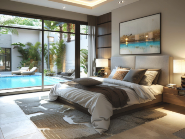 A modern bedroom with a glass sliding door overlooking a pool, stylish furniture, and ample natural light.