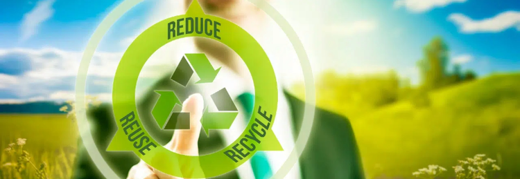 Reduce, Reuse, Recycle in a green circle with the recycling symbol on the middle. Man in suiting pointing to the circle in a green grass and blue sky background