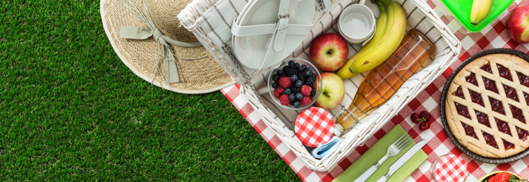 Picnic at the park on the grass: tablecloth, basket, healthy food and accessories, top view