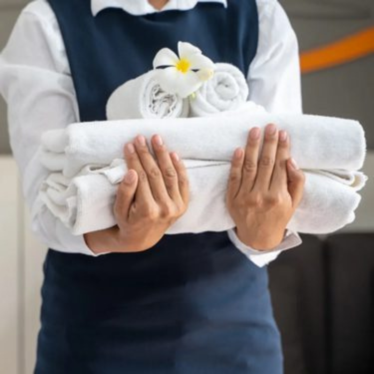 Person holding towels at hotel