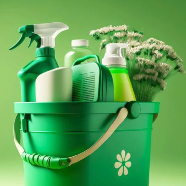 Green hotel cleaning supplies in a bucket, Picture