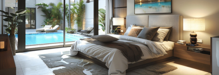 Lavish and serene hotel room with large bed and access to pool
