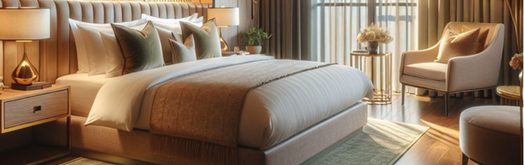 Boutique hotel room with master bed and chairs.