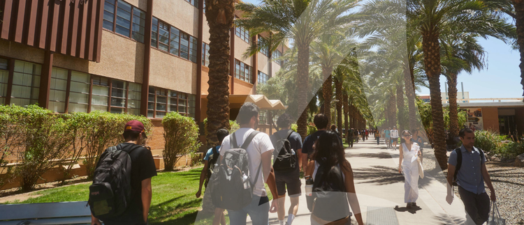 A modern educational institution with a glass-front building, palm-lined walkway, and casually dressed students carrying backpacks.