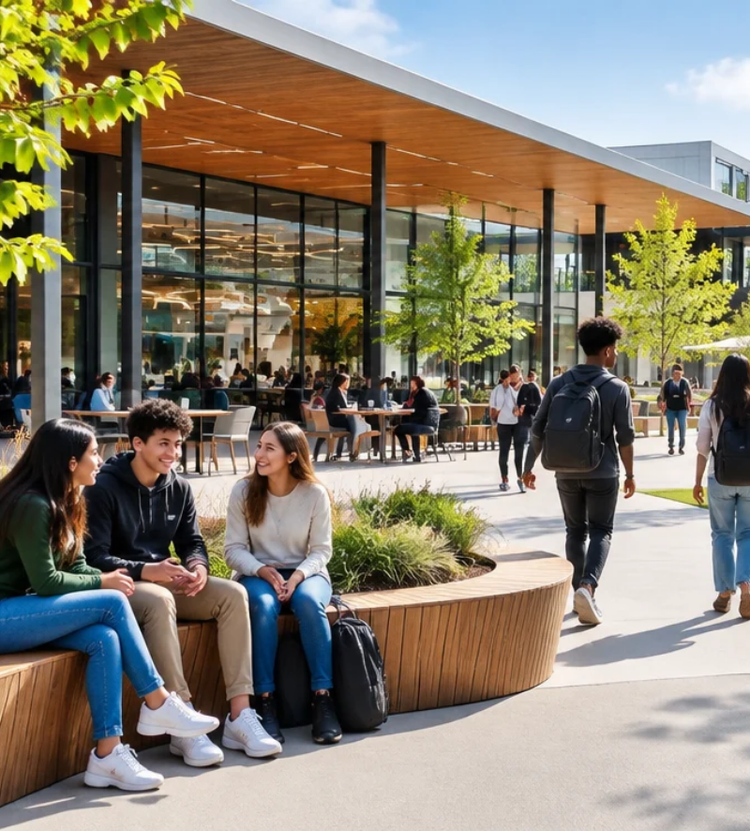 Students sitting outside of a school