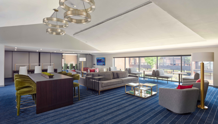 A modern lounge with grey sofas, red-cushioned armchairs, a long wooden table, and striped blue carpeting, featuring large windows and contemporary lighting.