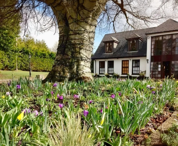 Photo d'une maison de retraite avec des fleurs dans le jardin