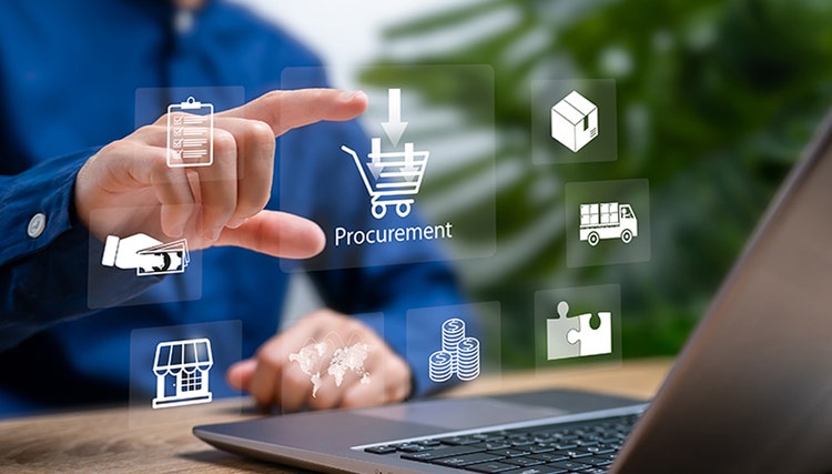 A person using a laptop surrounded by floating icons representing procurement and supply chain management, including shopping carts, credit cards, and delivery symbols.